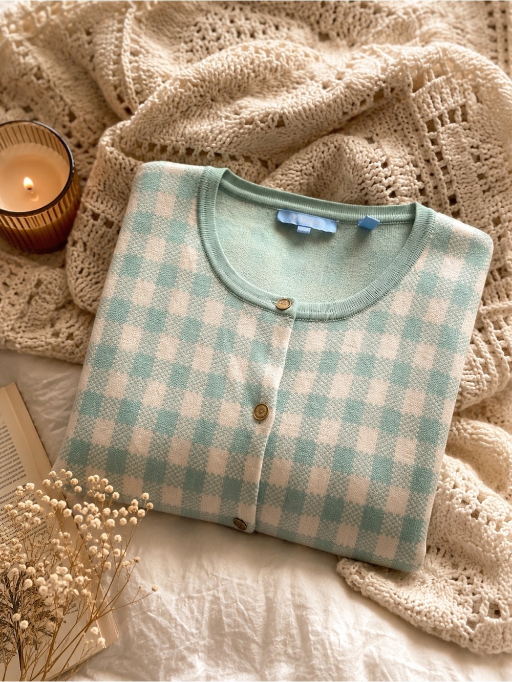 Draper James ❤️ RSVP Aqua Gingham Knit Cardigan Sweater XXL